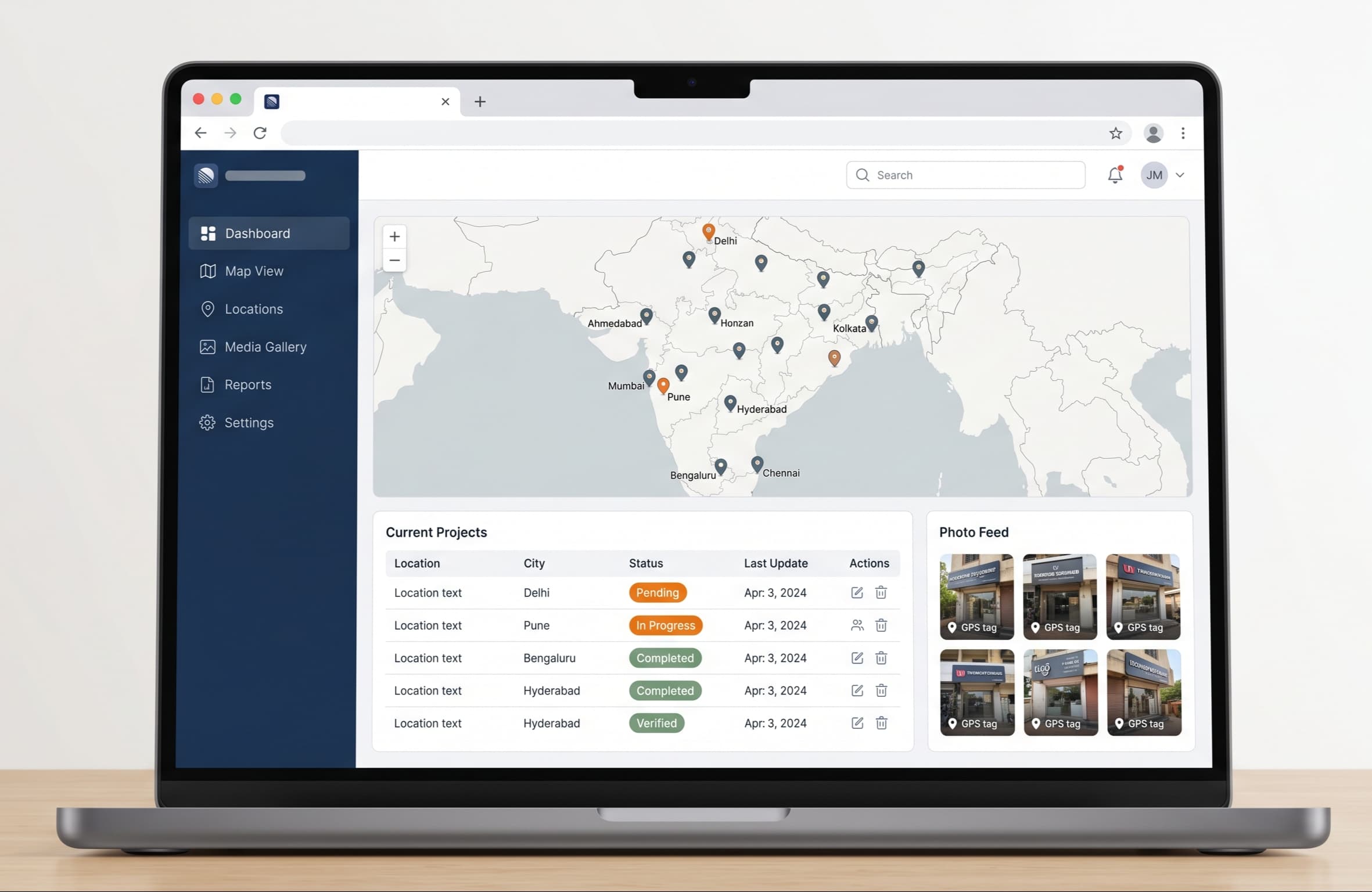 Preview of the Placeiton client dashboard showing live campaign map, location status, and photo feed.